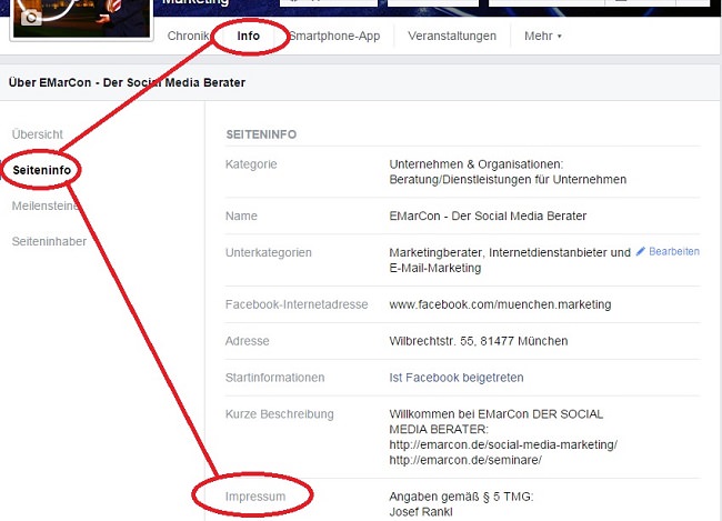 Facebook Impressum für Fanpages