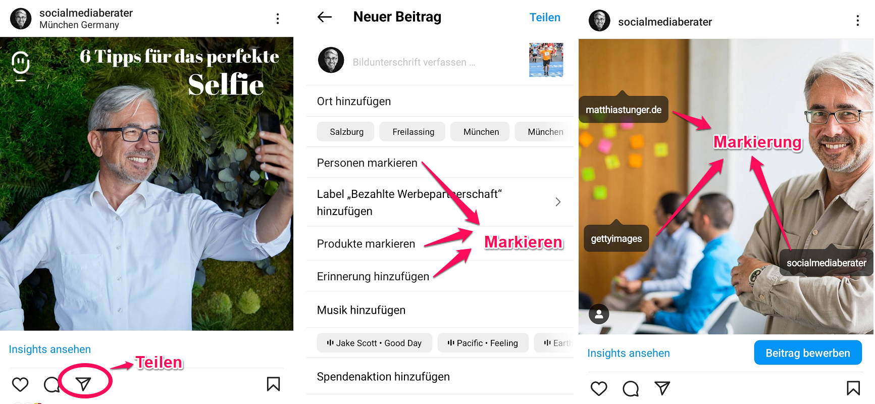 Markieren und Teilen auf Instagram