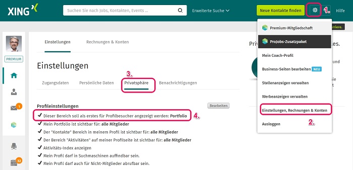 Xing Portfolio richtig einstellen