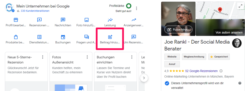 Google Unternehmensprofil direkt in Google posten