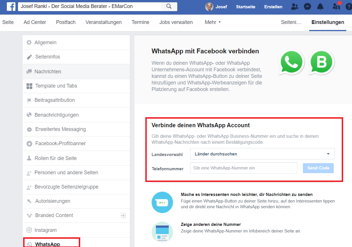 Facebook Fanpage über Einstellungen mit WhatsApp verbinden