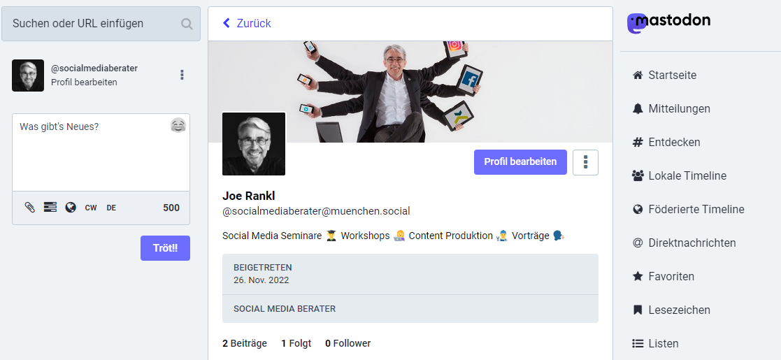 Mastodon für Unternehmen, Profil Joe Rankl Screenshot