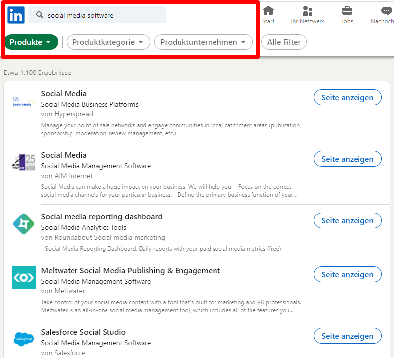 LinkedIn Produktseite in der Produktsuche