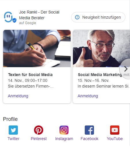 Google Business Profil mit Social Media Verlinkung