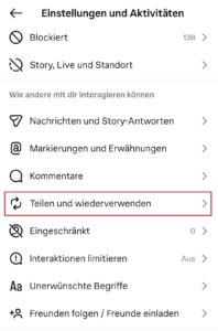 Einstellungen für Instagram Storys zum Teilen